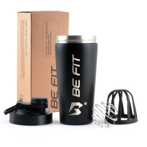 Zwarte RVS shakebeker 750ml van Be Fit; lekvrije proteïne shaker voor de gym.