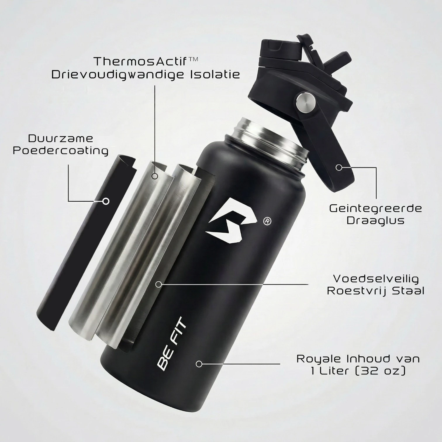 Technische tekening van de Be Fit Swigger RVS drinkfles met uitleg over isolatie en materiaal.