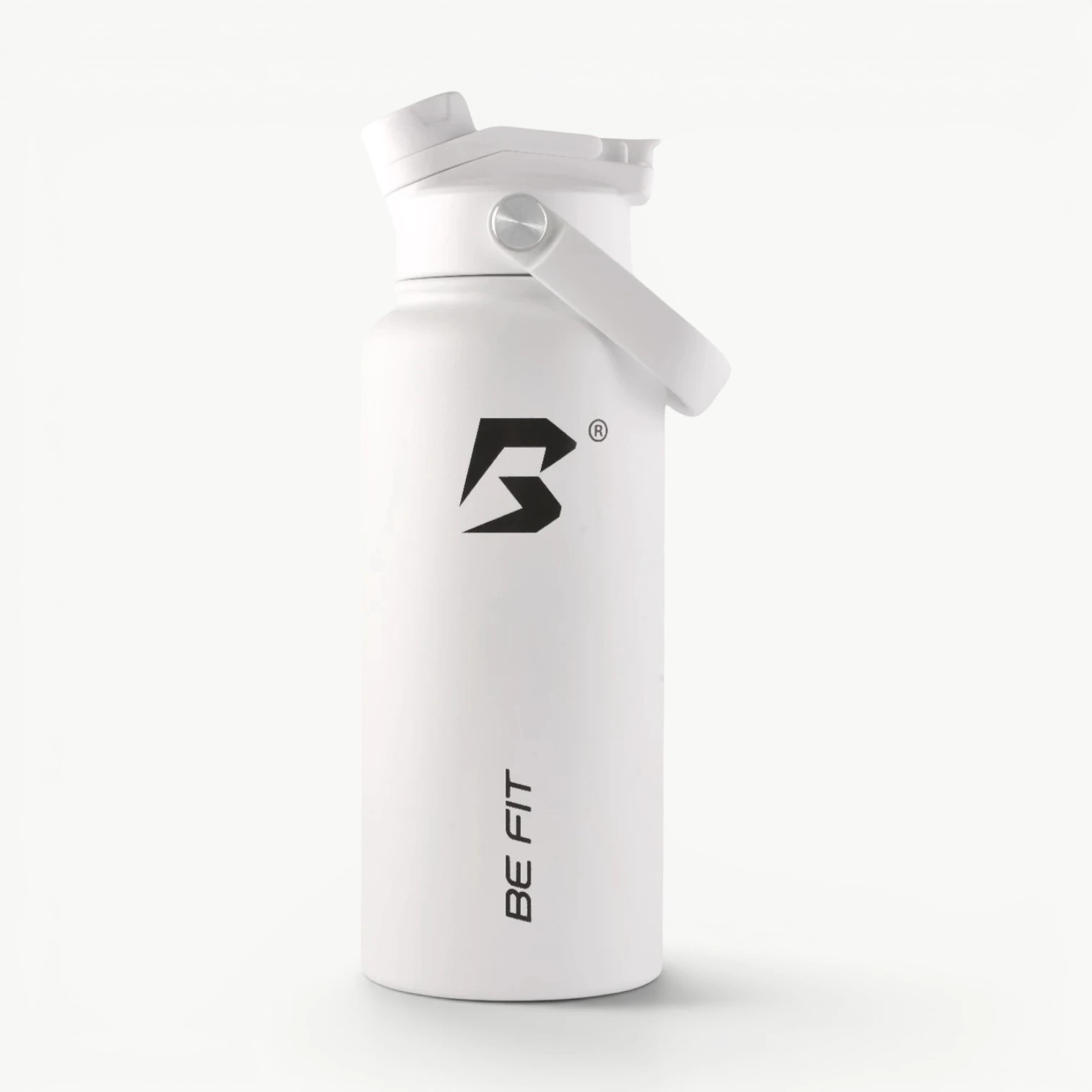 Pure White BE FIT SWIGGER™ van 946 ml, grote RVS waterfles van bijna 1 liter met gesloten FlipTwist™ en draaglus.