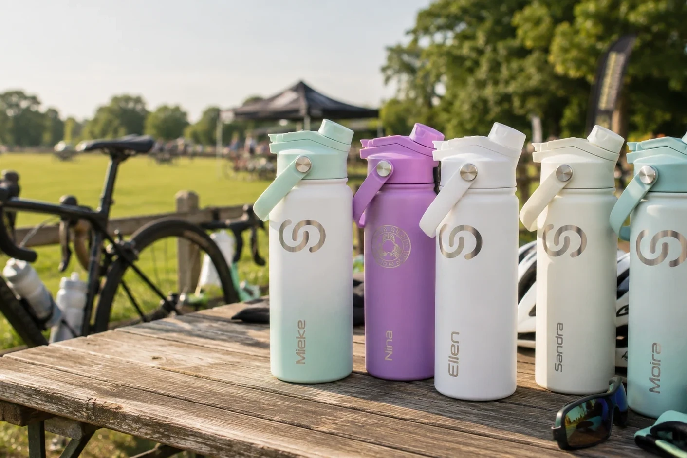 BE FIT SWIGGER bidons bedrukken voor sportclubs en fietsevents met gepersonaliseerde RVS bidons op een buitentafel.
