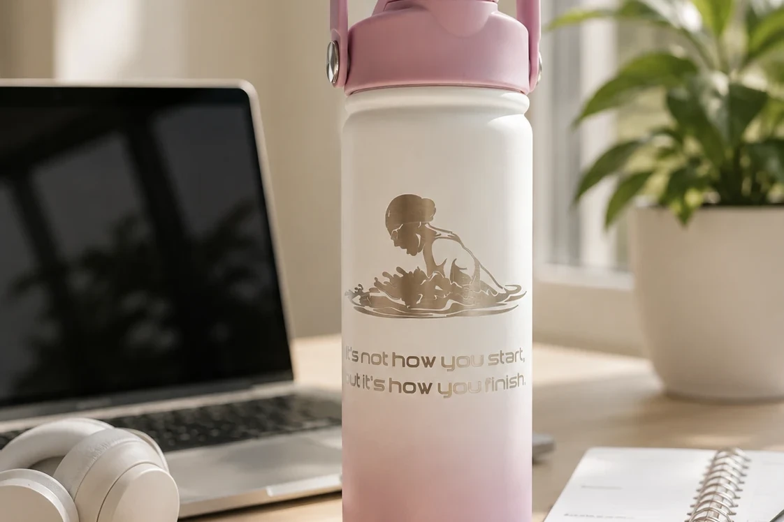 Roze witte BE FIT SWIGGER motivatie waterfles met zwemmer gravering en motiverende quote op een bureau.