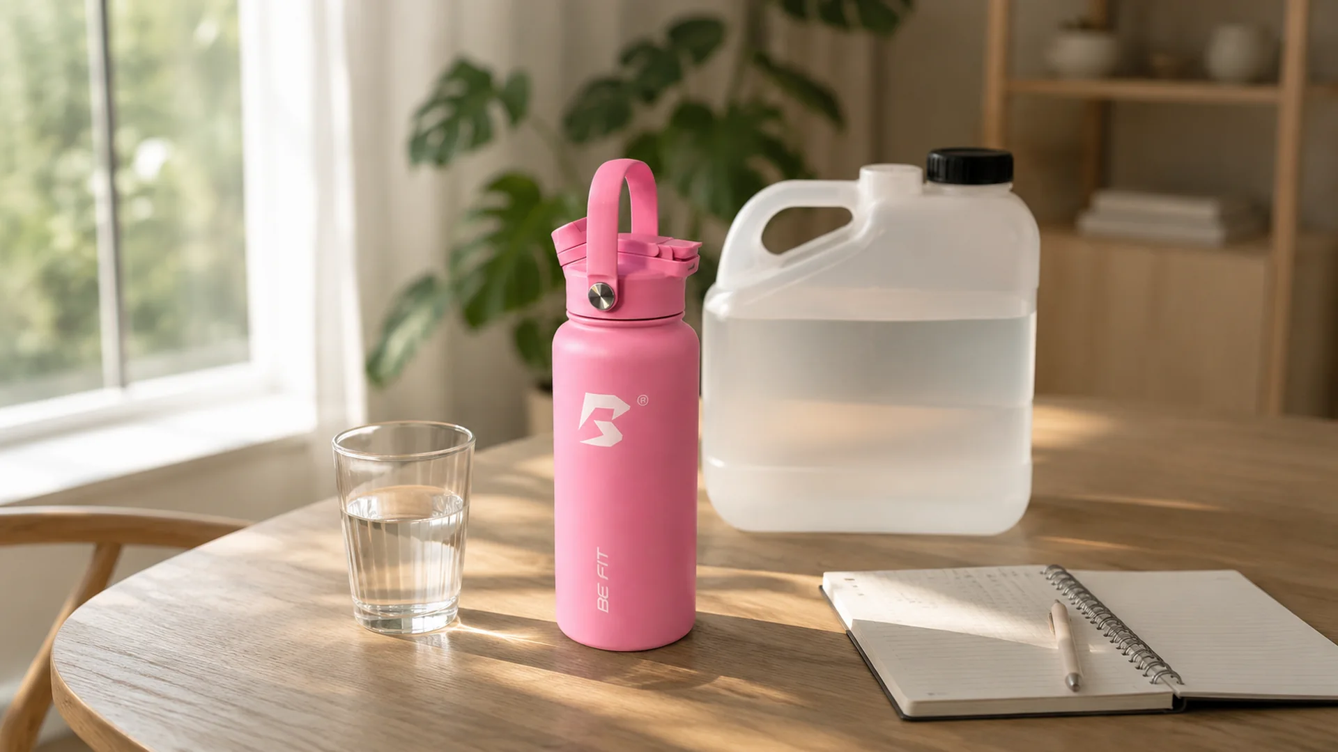 BE FIT SWIGGER drinkfles naast glas water en jerrycan voor drinkwater opslag thuis.