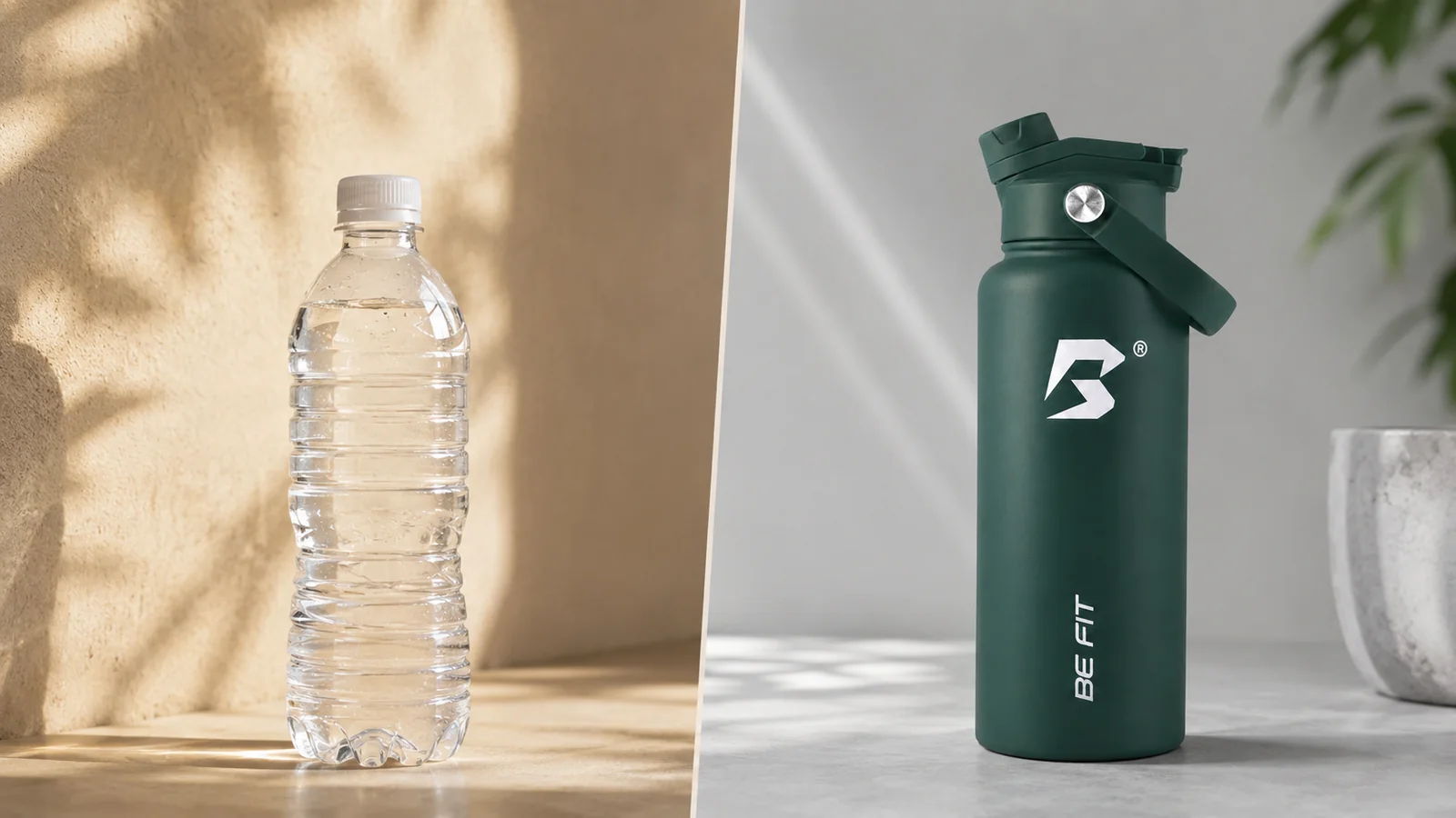 Vergelijking tussen plastic waterfles en RVS BE FIT SWIGGER drinkfles.