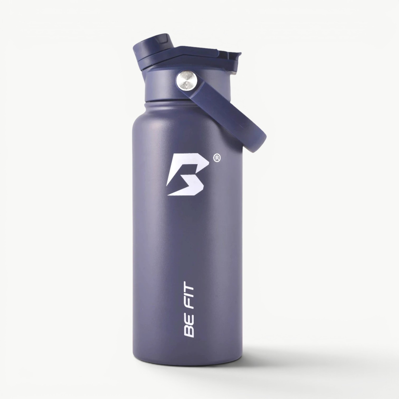 Deep Navy blauwe RVS bidon 1 liter; grote Be Fit sport bidon lekvrij.