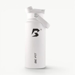 Witte RVS thermosfles 1 liter; Be Fit thermosfles warm en koud.