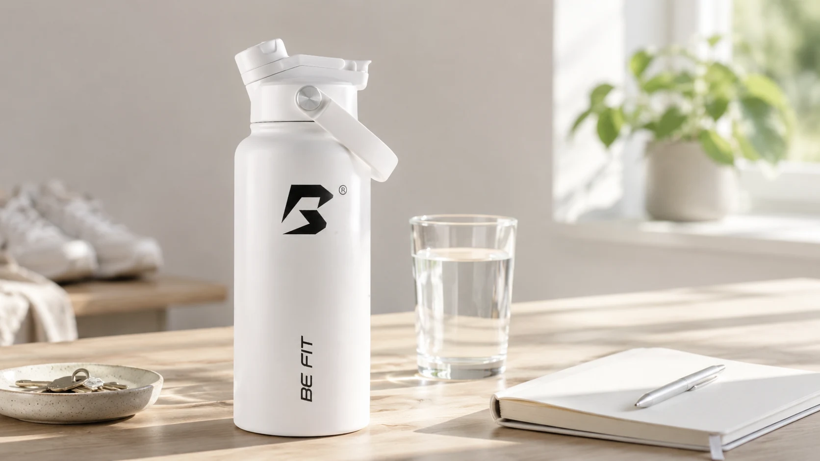 BE FIT waterfles naast een notitieboek en sleutels voor het artikel over een 30 dagen water challenge.