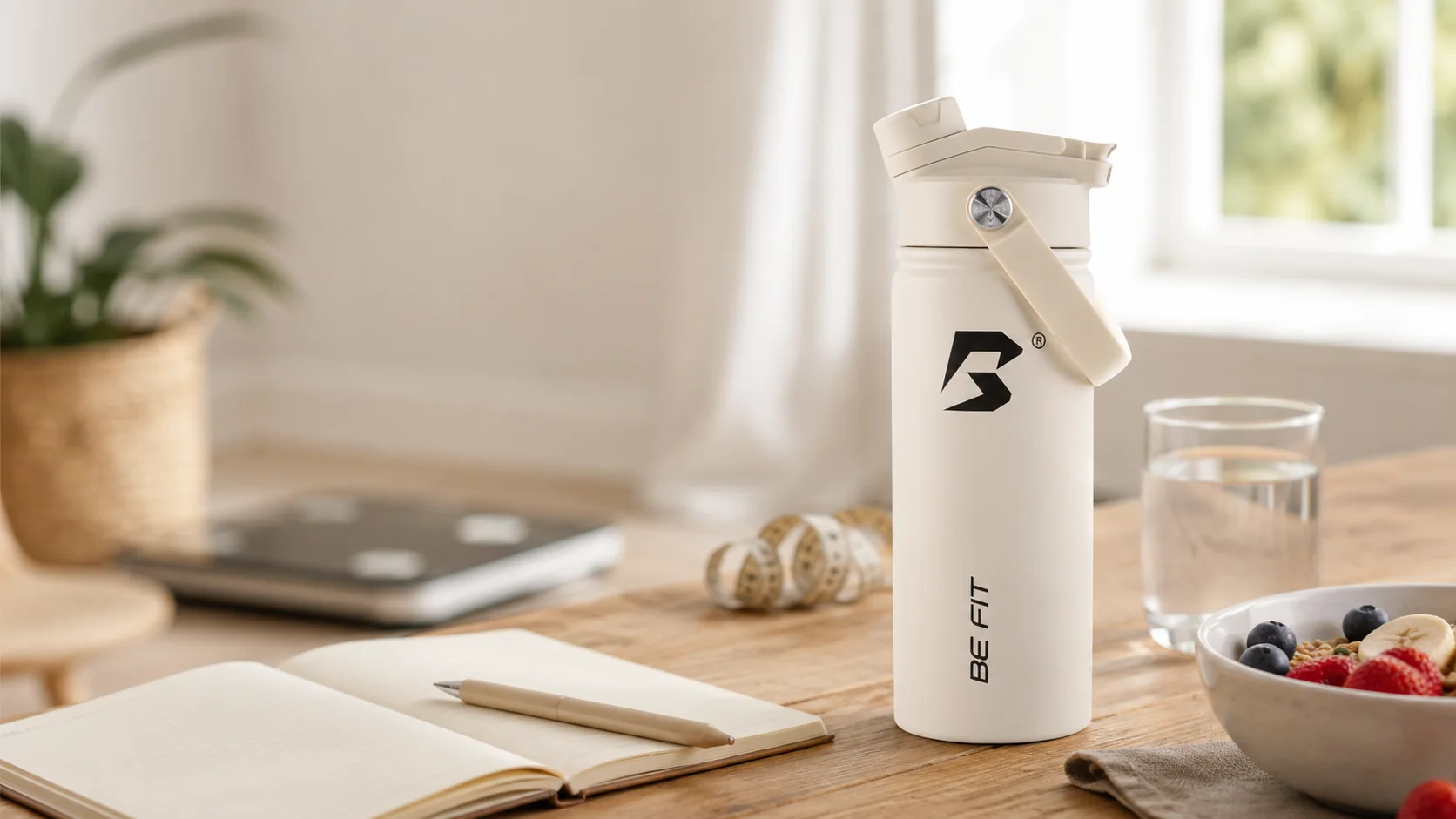 Warme witte BE FIT SWIGGER naast notitieboek, meetlint, ontbijt en een glas water in een rustige BMI-routine.
