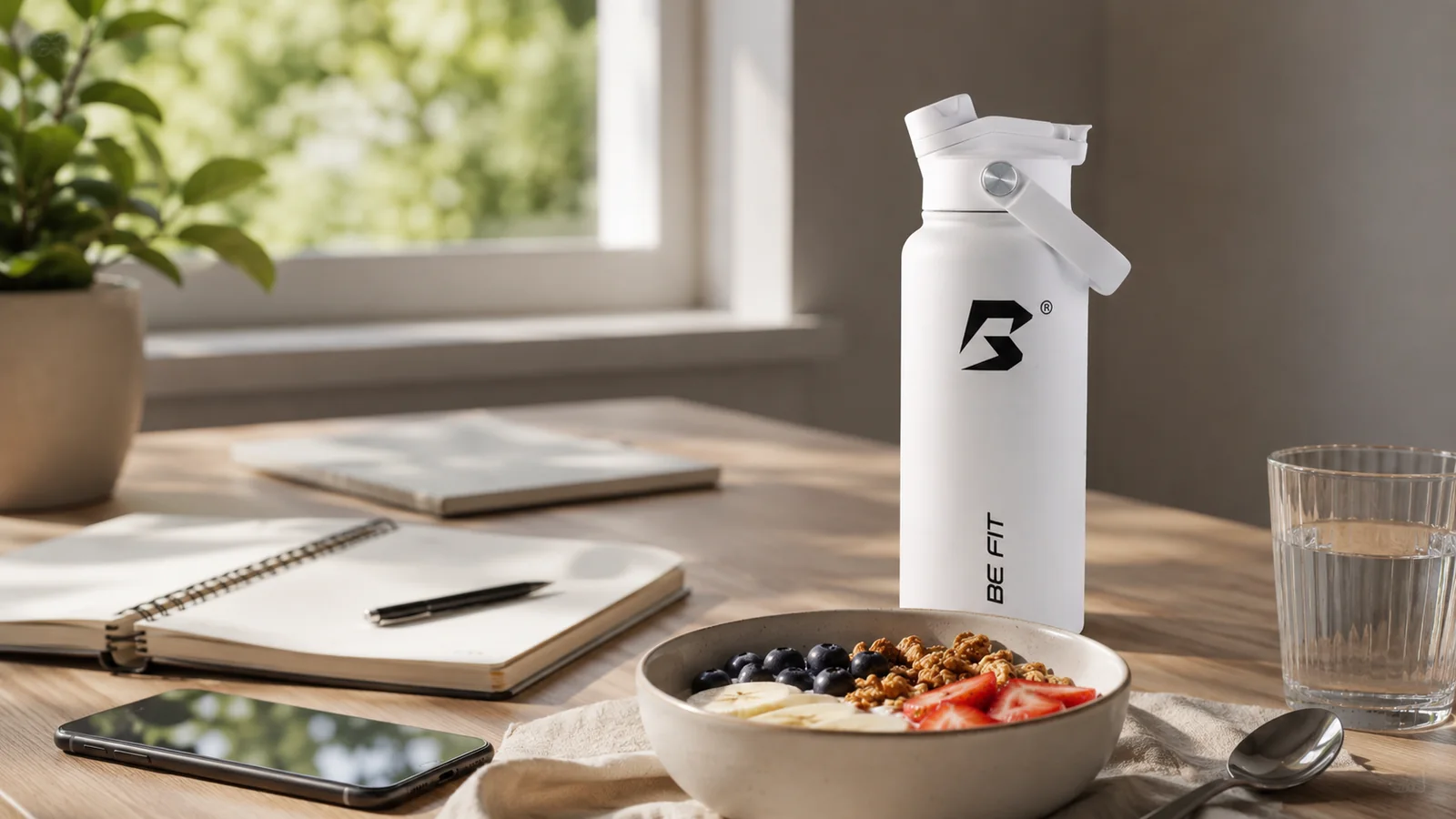 Witte BE FIT SWIGGER naast ontbijt, notitieboek en smartphone in een rustige dagelijkse calorieplanning-routine.
