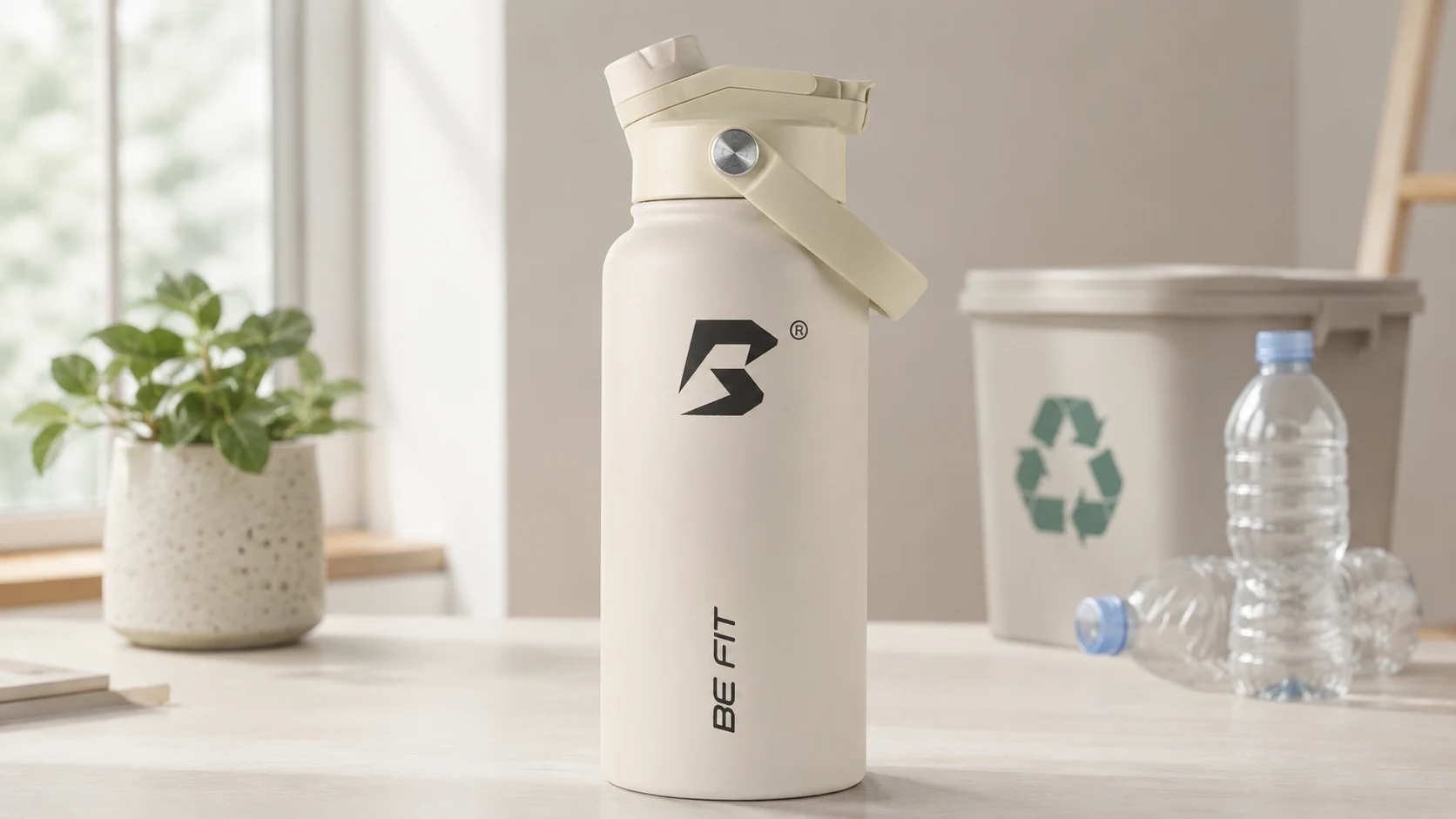 BE FIT RVS drinkfles naast een recyclingbak en plastic wegwerpflesjes voor het artikel over de CO2-impact van herbruikbare drinkflessen.
