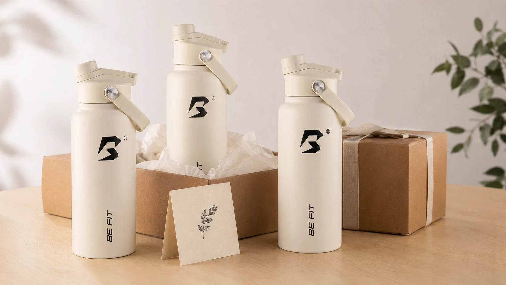 Meerdere premium BE FIT drinkflessen in een rustige zakelijke inkoopsetting