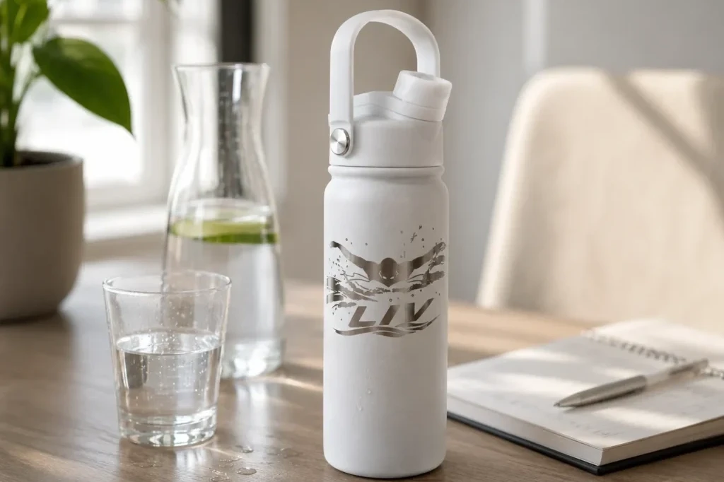 Witte BE FIT drinkfles met naam Liv naast een glas water en notitieboek in een lichte hydratatiesetting.