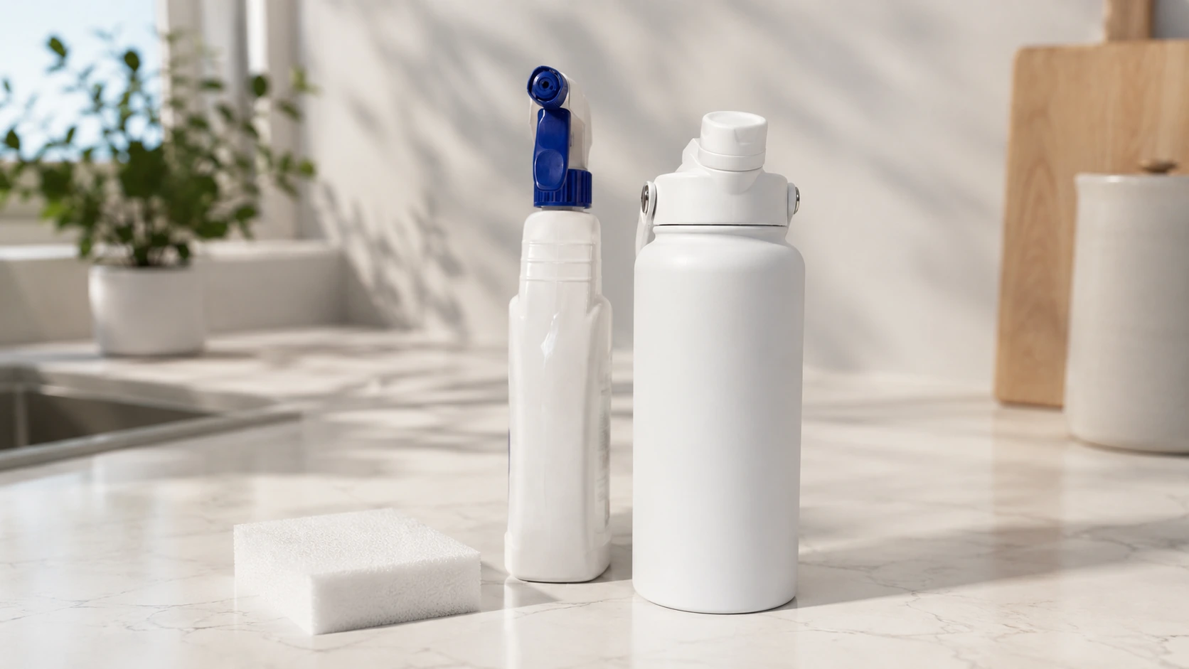 Drinkfles schoonmaken met spons in een praktische onderhoudssetting.