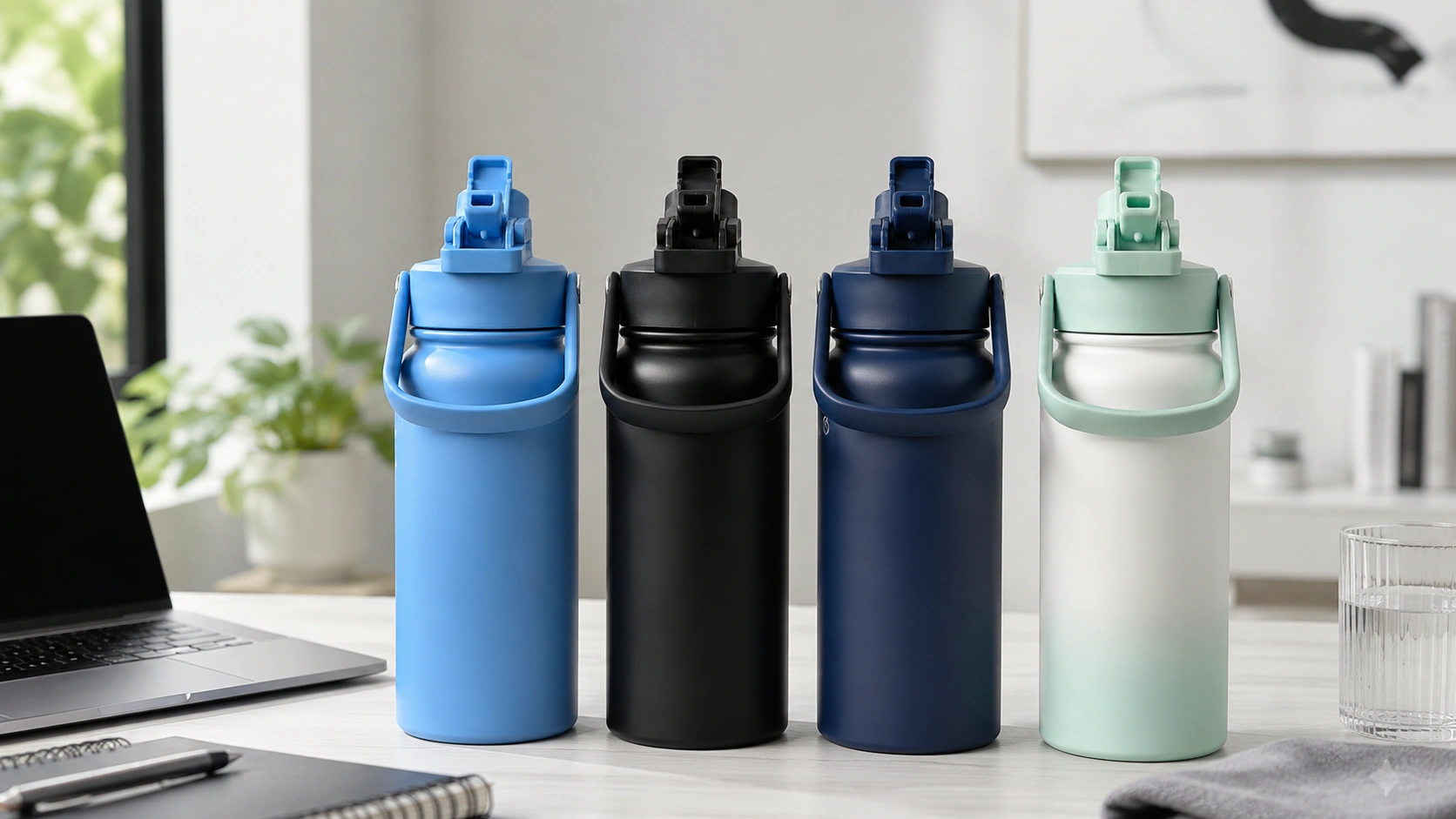 BE FIT RVS drinkflessen met rietje in verschillende kleuren voor werk, sport en onderweg.
