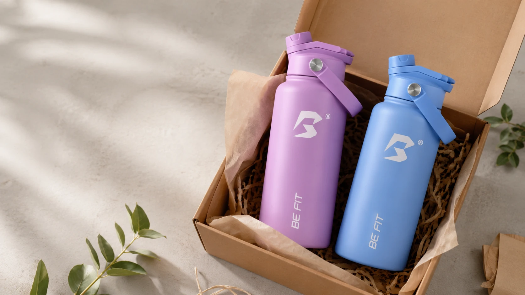 Twee premium BE FIT drinkflessen in een warme giftbox-setting