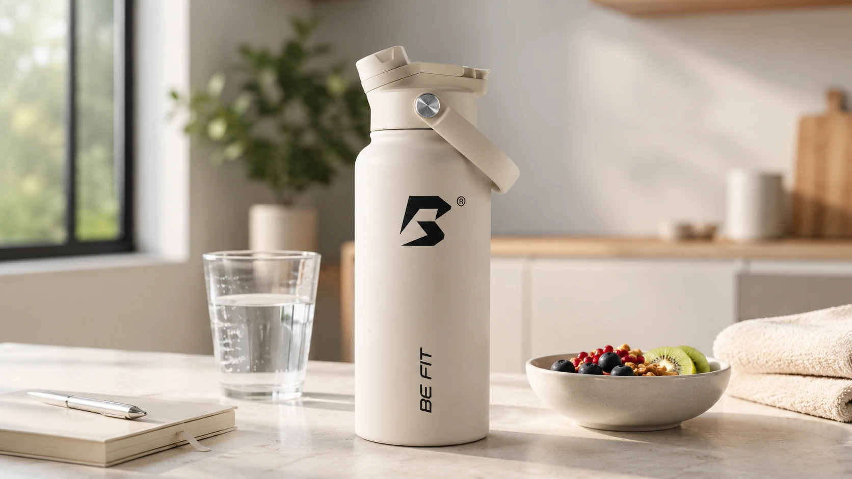 Een BE FIT drinkfles in een lichte dagelijkse lifestyle-setting