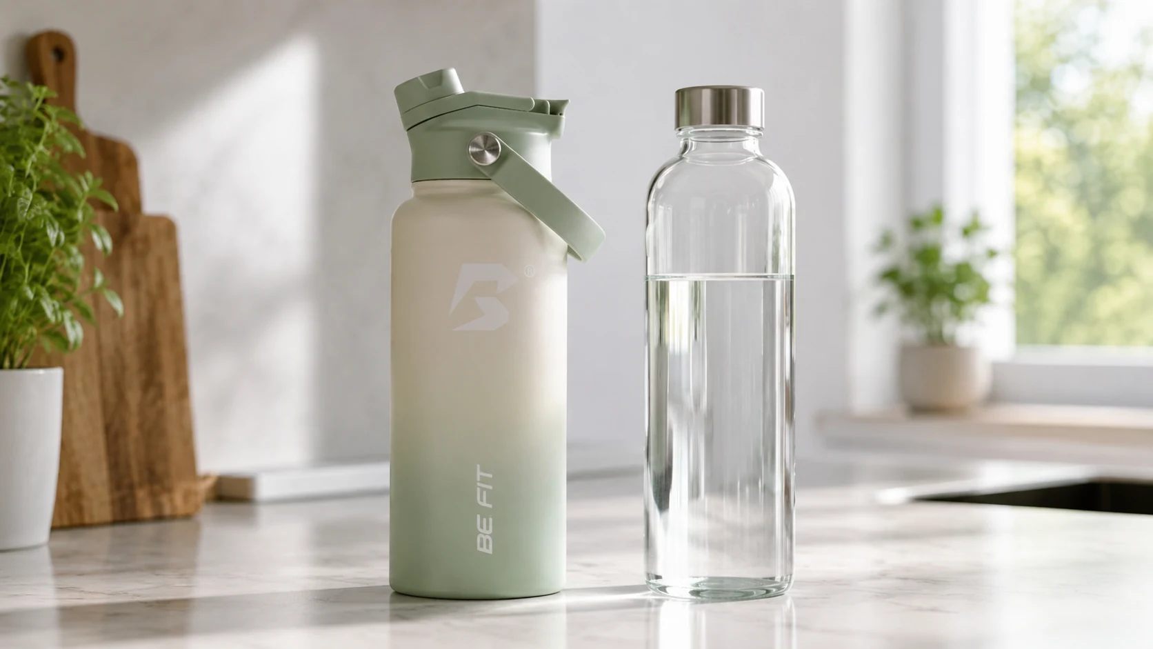 BE FIT RVS drinkfles naast een glazen waterfles voor het artikel over glazen waterfles versus RVS drinkfles.