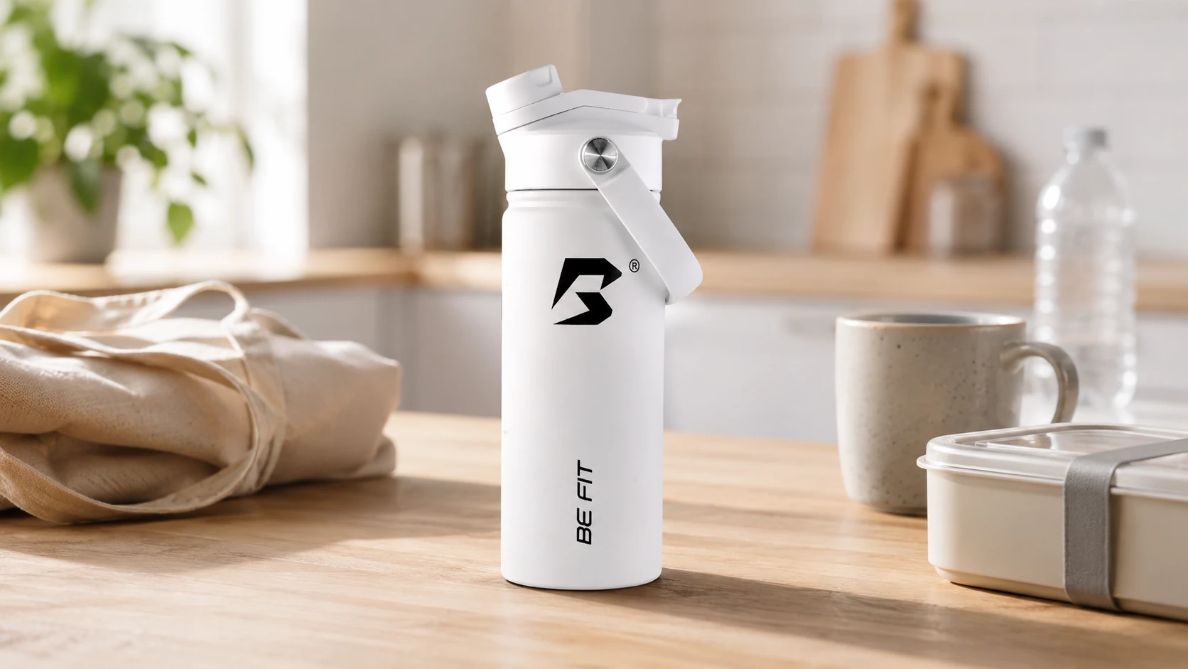 Een BE FIT drinkfles in een rustige goodiebag- en giftsetting