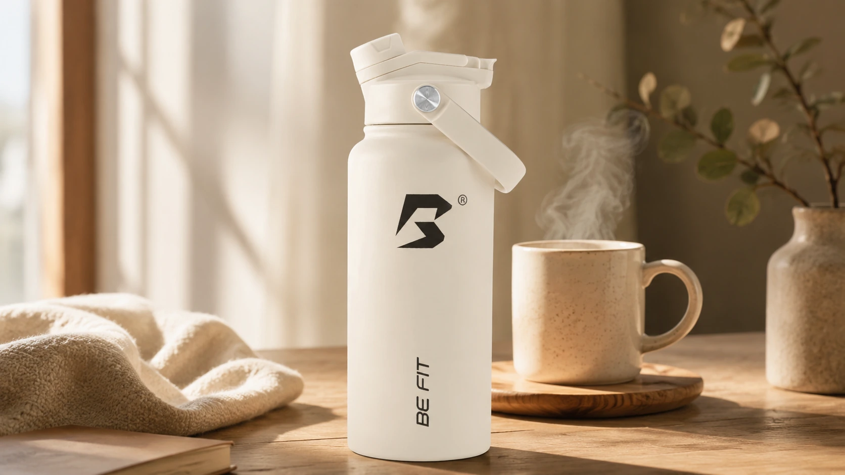 Witte BE FIT SWIGGER thermosfles naast dampende mok als uitlegbeeld over warmte-isolatie