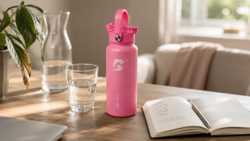 BE FIT drinkfles op een bureau als zichtbare reminder voor hydratatie tijdens werk.