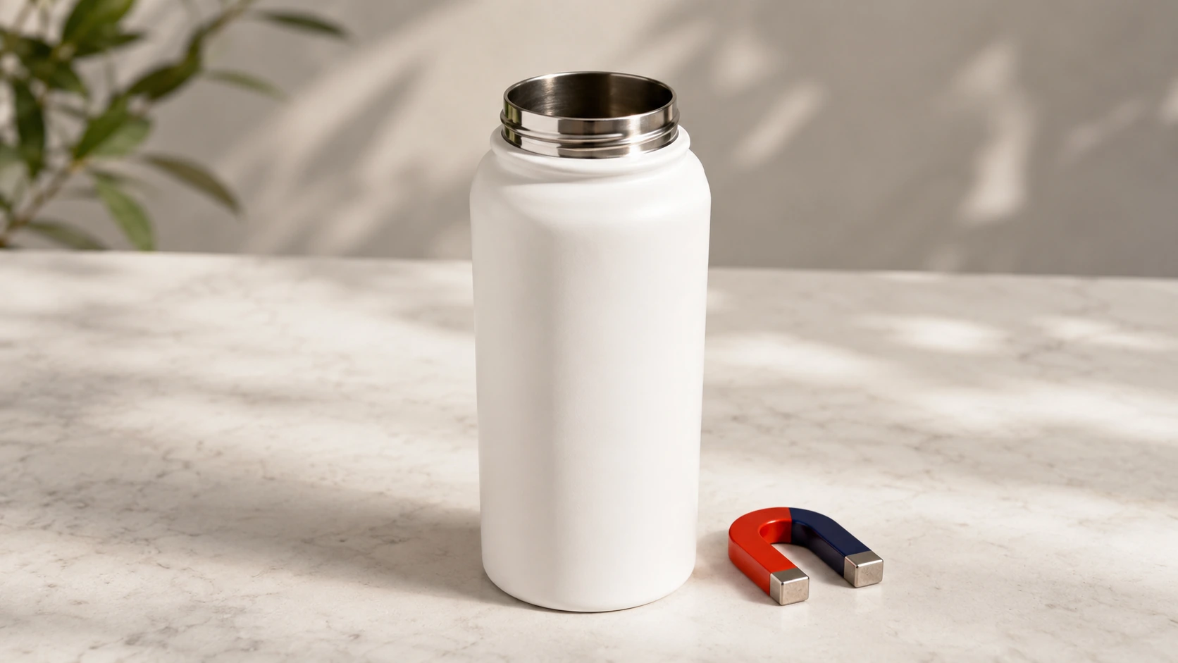 Witte RVS drinkfles naast magneet op marmeren ondergrond