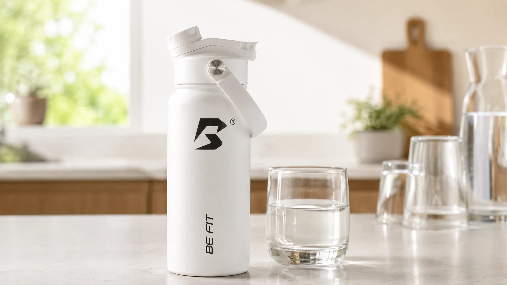 BE FIT RVS drinkfles in een rustige keukenomgeving als hulpmiddel bij het kiezen tussen 536 ml, 710 ml en 946 ml.