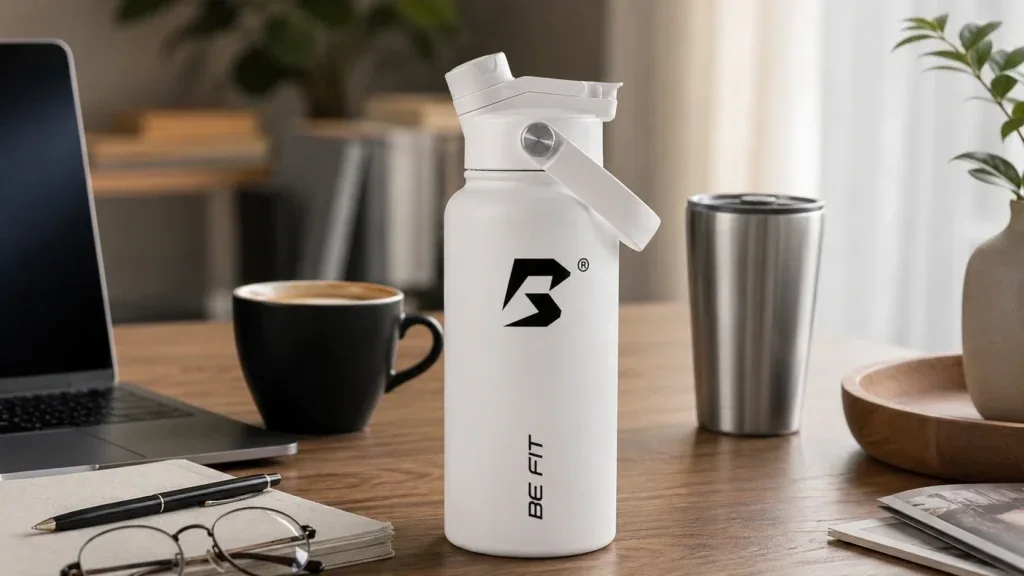 BE FIT SWIGGER RVS drinkfles in een rustige dagelijkse setting met water, notitieboek en sportspullen.