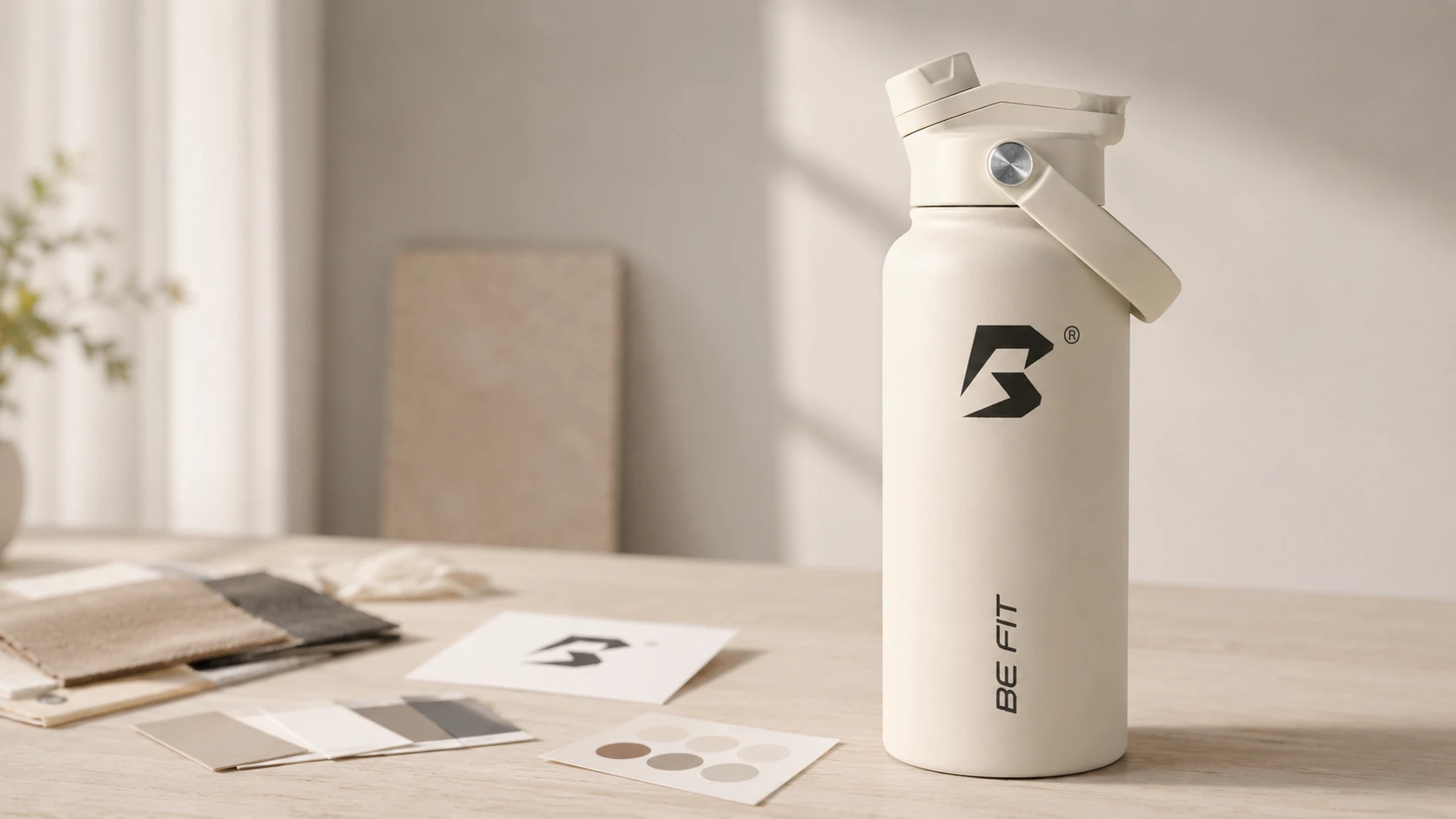 Meerdere BE FIT drinkflessen in verschillende kleuren voor het kiezen van een fleskleur bij een logo.