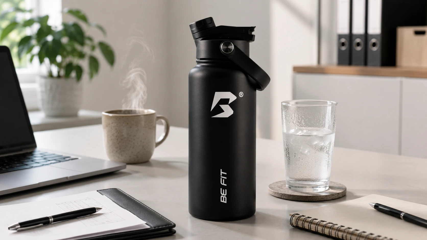 Een BE FIT drinkfles naast water en warme drank in een rustige dagelijkse setting