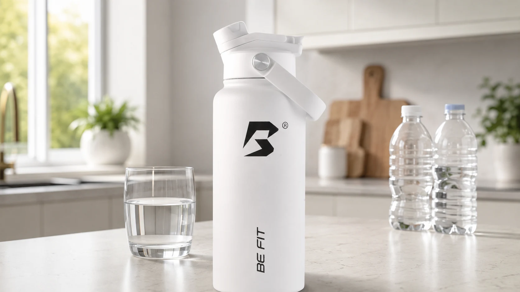 Witte BE FIT RVS waterfles met glas water en plastic flessen op de achtergrond voor het artikel over microplastics in drinkwater.