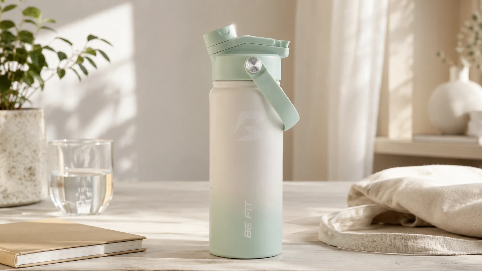 Een minimalistische BE FIT drinkfles in een rustige, lichte leefomgeving