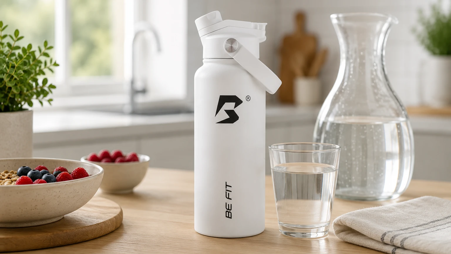 Rustige ochtendroutine met water drinken als simpele gewoonte voor energie en focus.