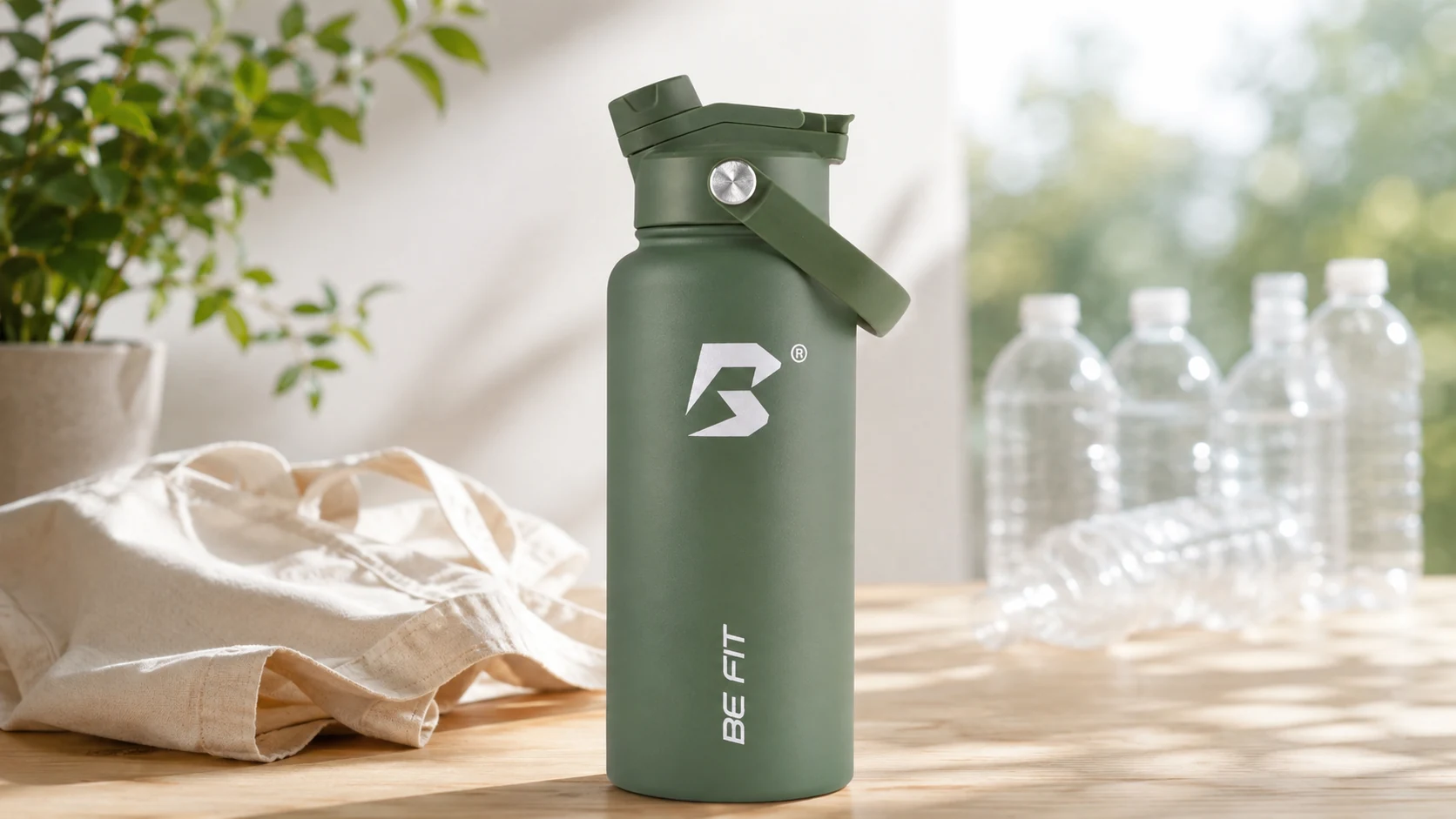 Herbruikbare BE FIT drinkfles naast lege plastic wegwerpflesjes als voorbeeld van minder plastic afval.