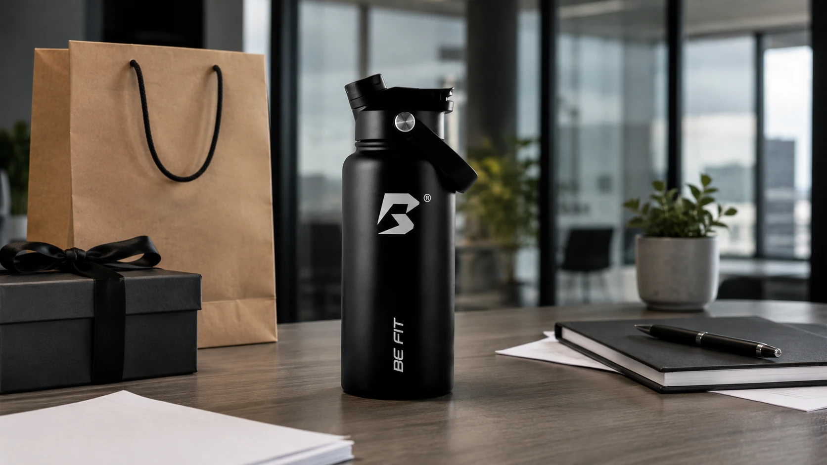 Een premium BE FIT drinkfles in een rustige zakelijke giftbox-setting