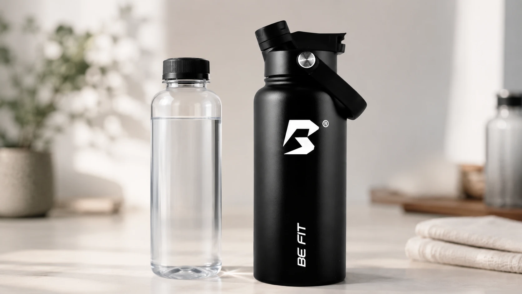 Een BE FIT RVS drinkfles naast een eenvoudige transparante fles voor een heldere materiaalvergelijking