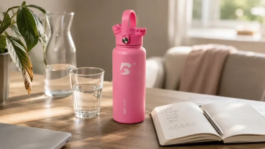 Zwarte BE FIT SWIGGER RVS drinkfles in een premium dagelijkse routine voor werk, training en onderweg.