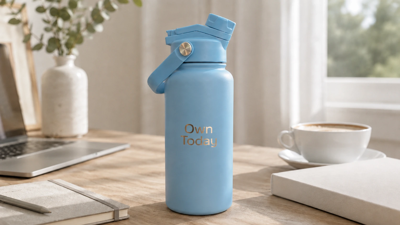 BE FIT SWIGGER met korte Engelse quote op een bureau naast laptop en koffie