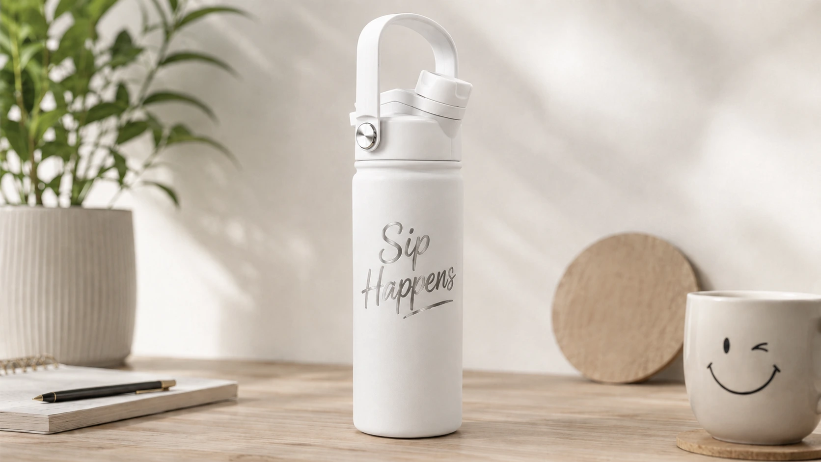 BE FIT SWIGGER met grappige quote in een rustige bureau- en koffiesetting
