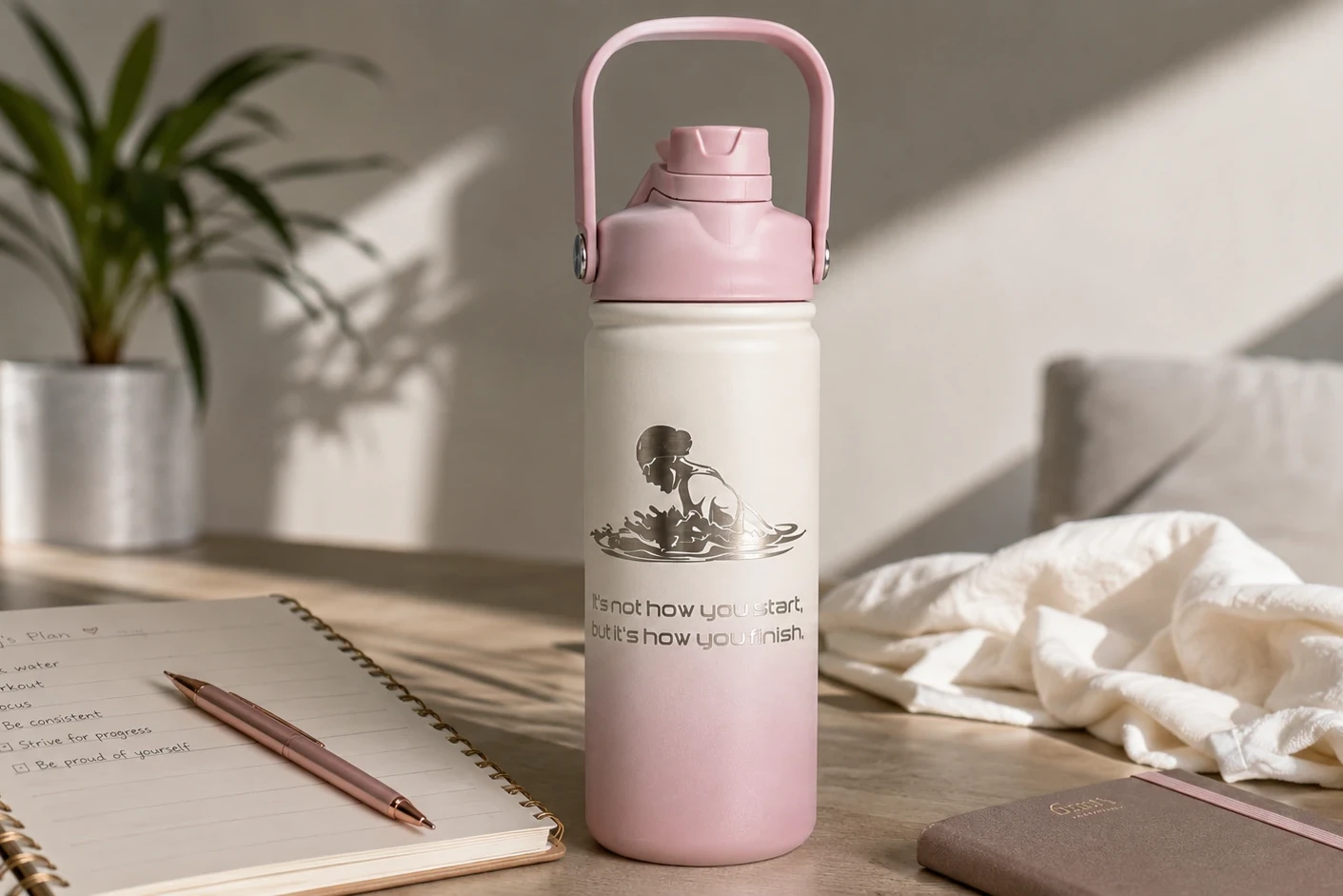 Motivatie drinkfles met inspirerende quote naast notitieboek