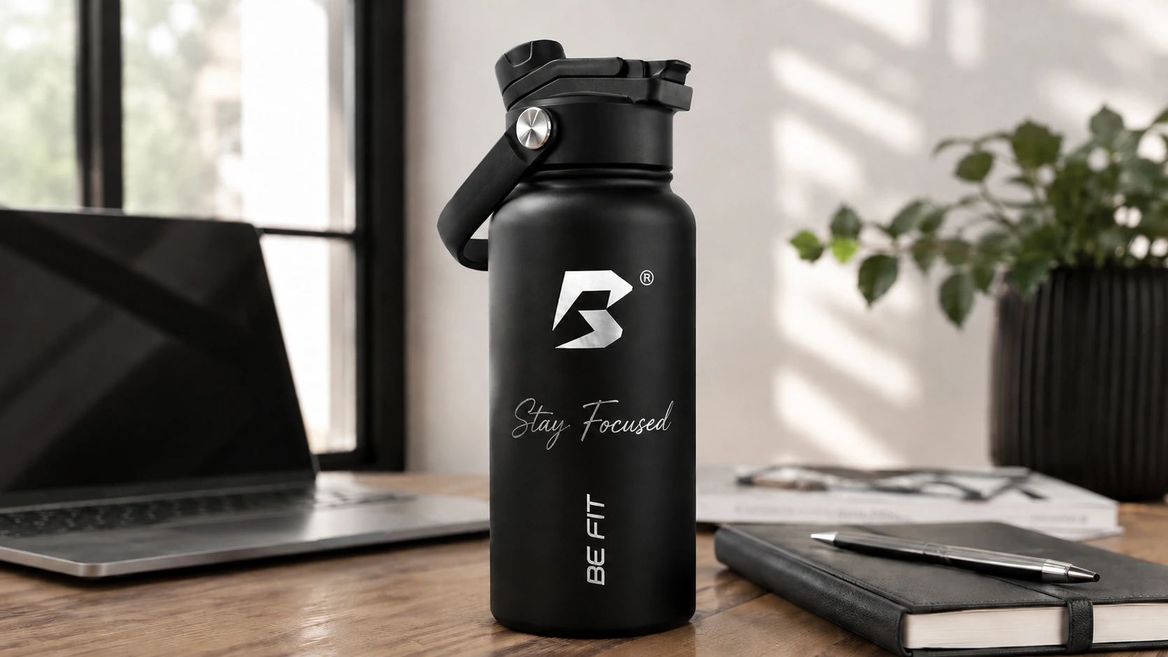 BE FIT SWIGGER met Stay Focused werk quote op een modern bureau