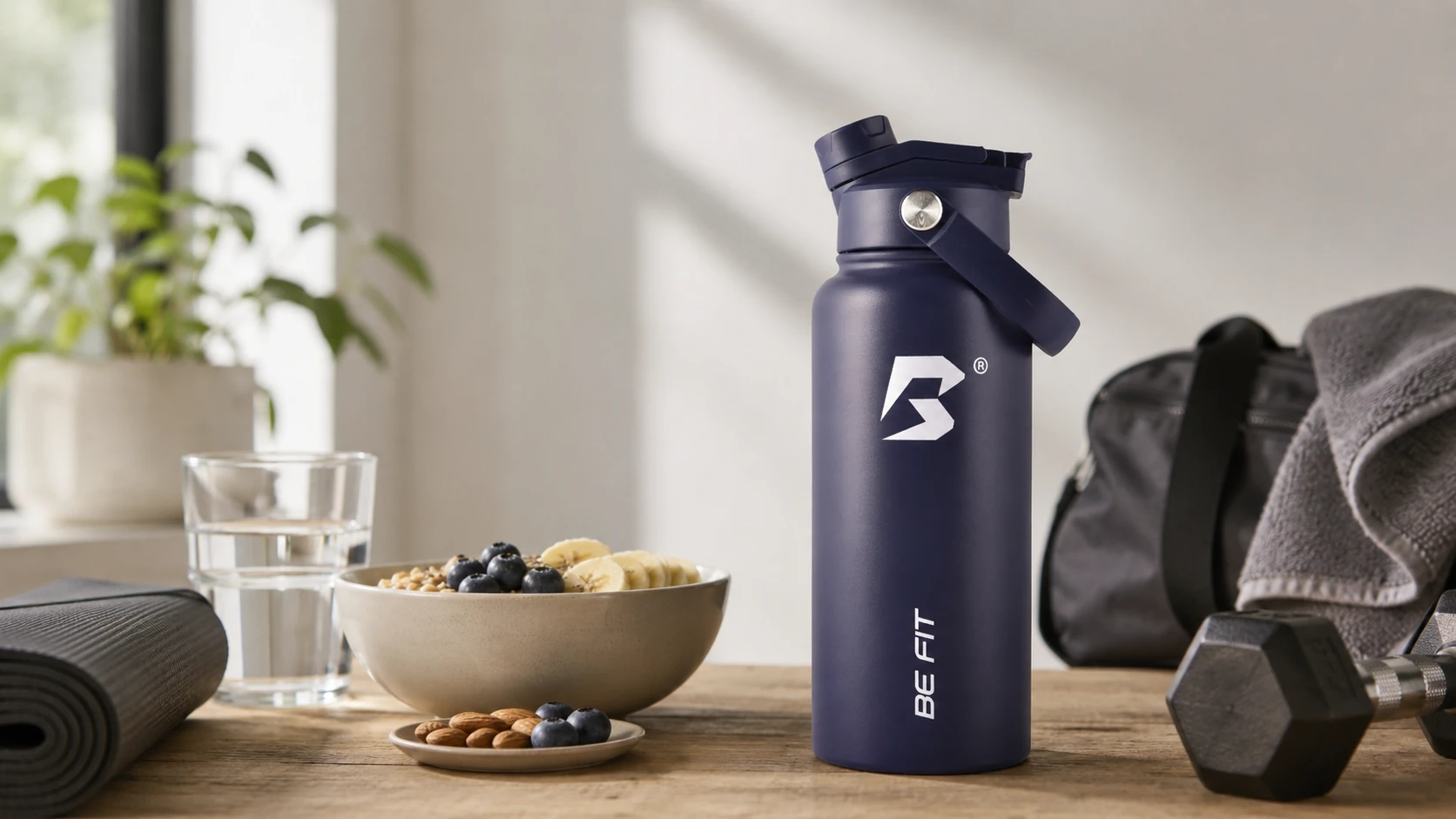 Een BE FIT drinkfles naast sport- en voedingsprops in een rustige herstelsetting