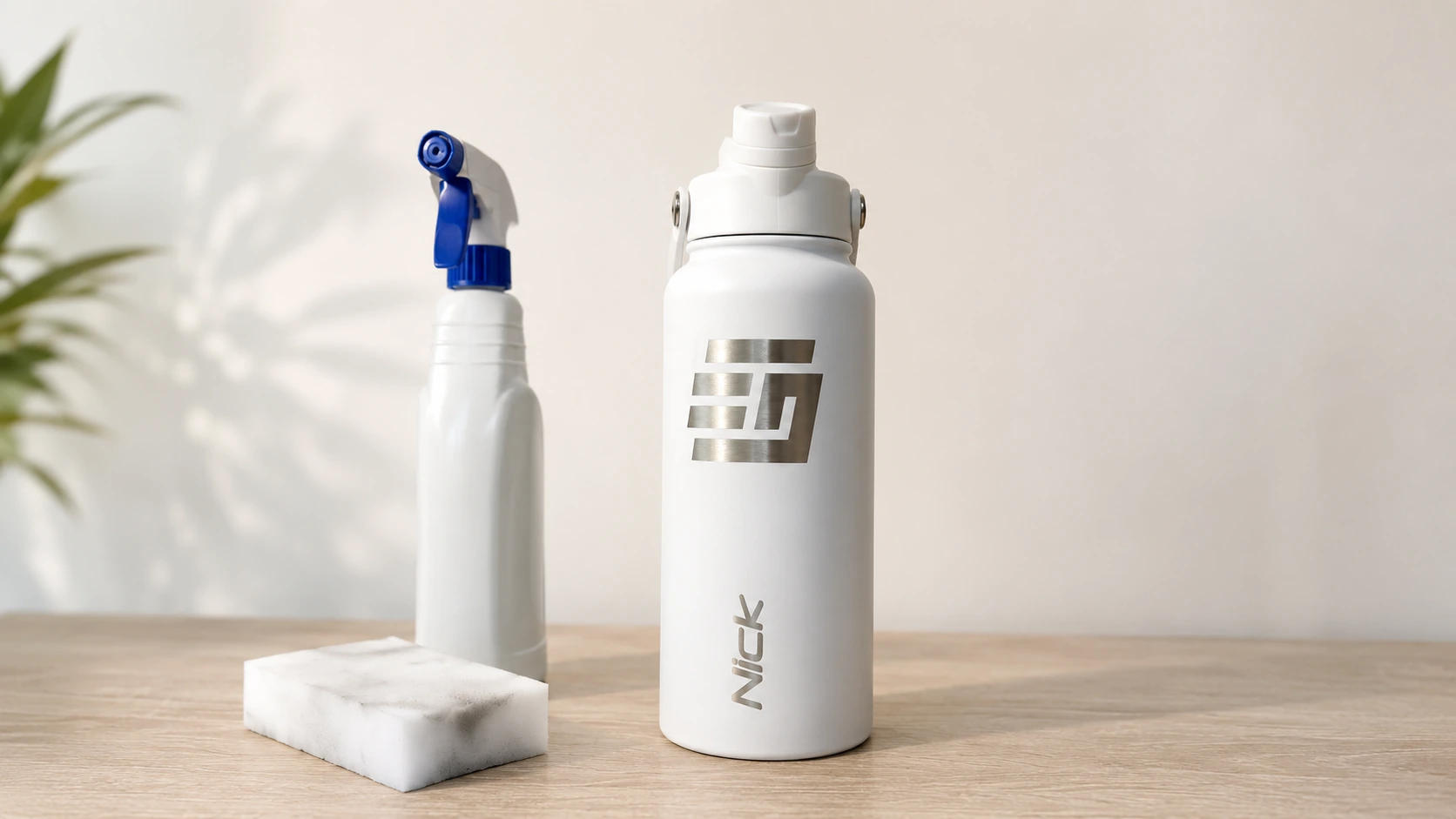 Witte BE FIT SWIGGER met schoonmaakspons en sprayfles voor drinkfles onderhoud