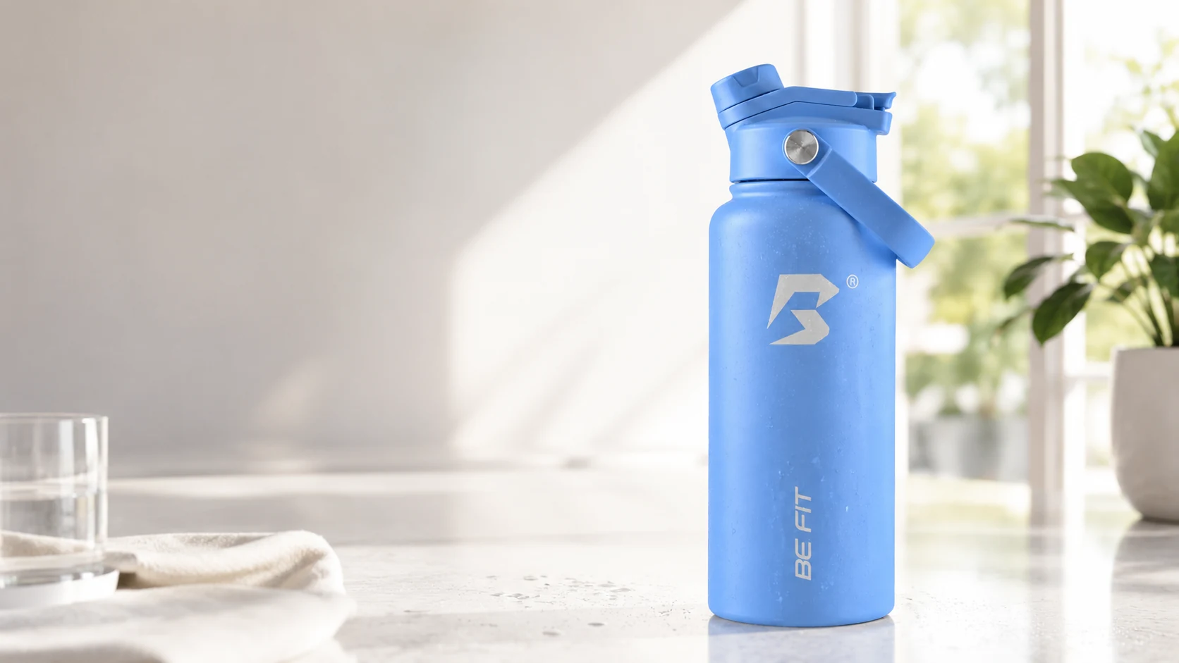 Frisse blauwe BE FIT waterfles voor hydratatie tijdens warm weer.