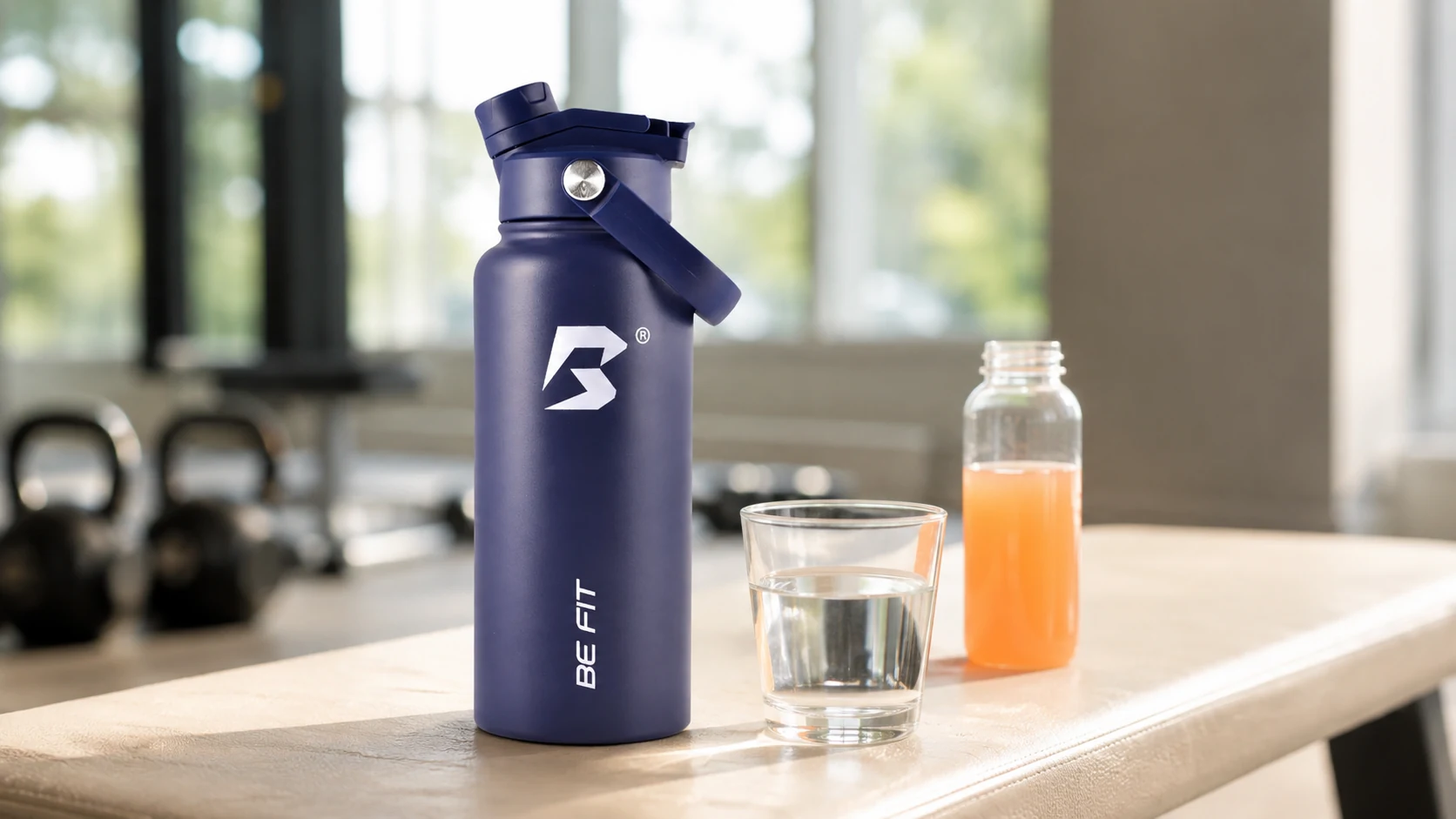 BE FIT RVS sportfles met een glas water en een neutrale sportdrank in een trainingsomgeving voor het artikel water versus sportdrank.
