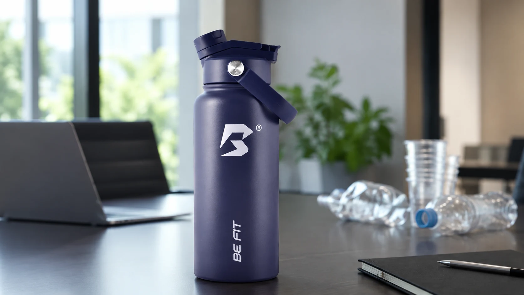 BE FIT drinkfles in zakelijke omgeving als alternatief voor wegwerpplastic op kantoor.
