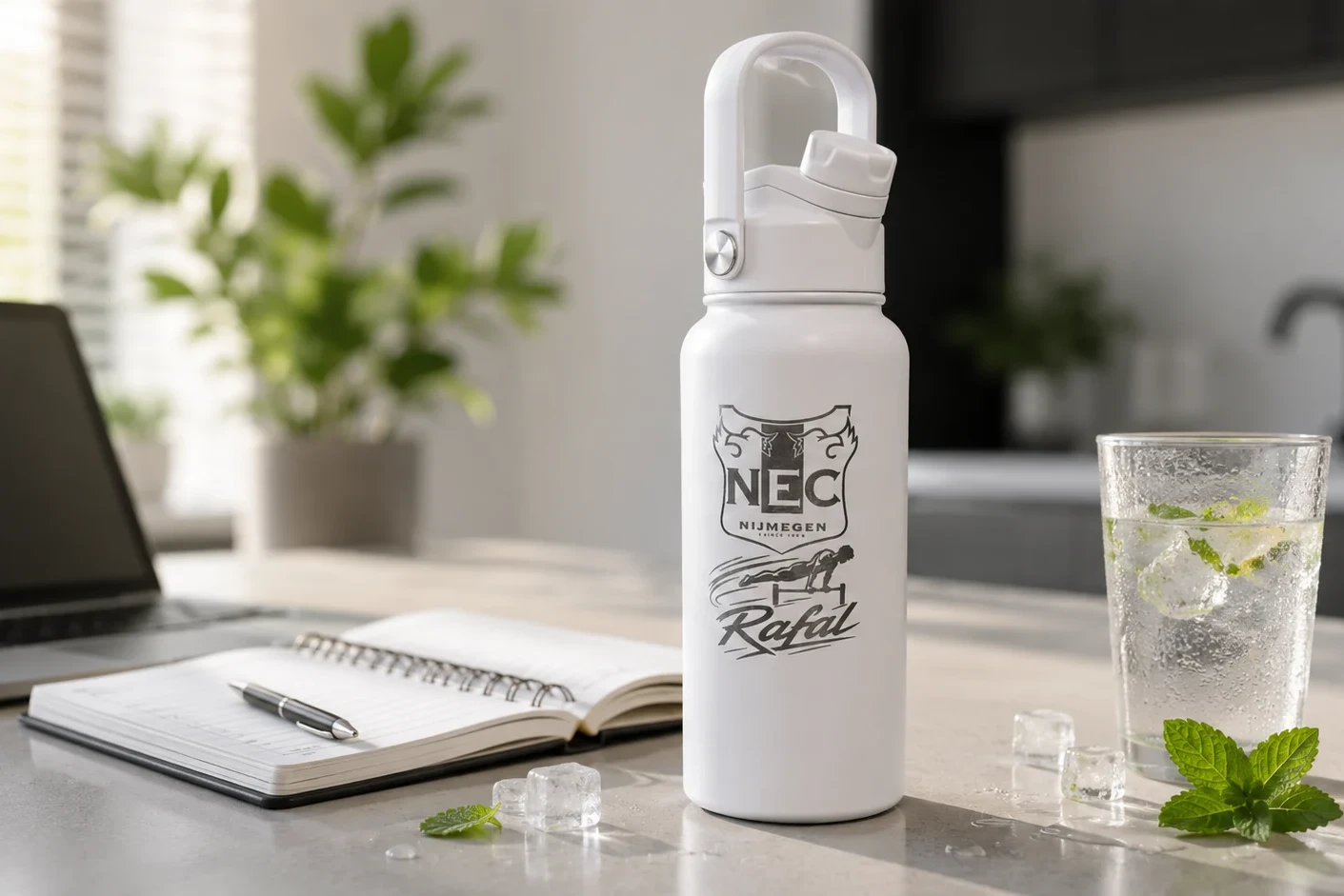 Bedrukte waterfles met logo en naam NEC Rafal op tafel met waterglas.
