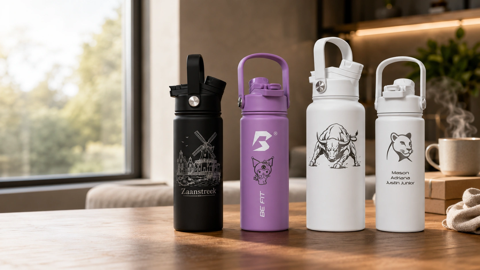 Gepersonaliseerde BE FIT SWIGGER thermosflessen met lasergravering.