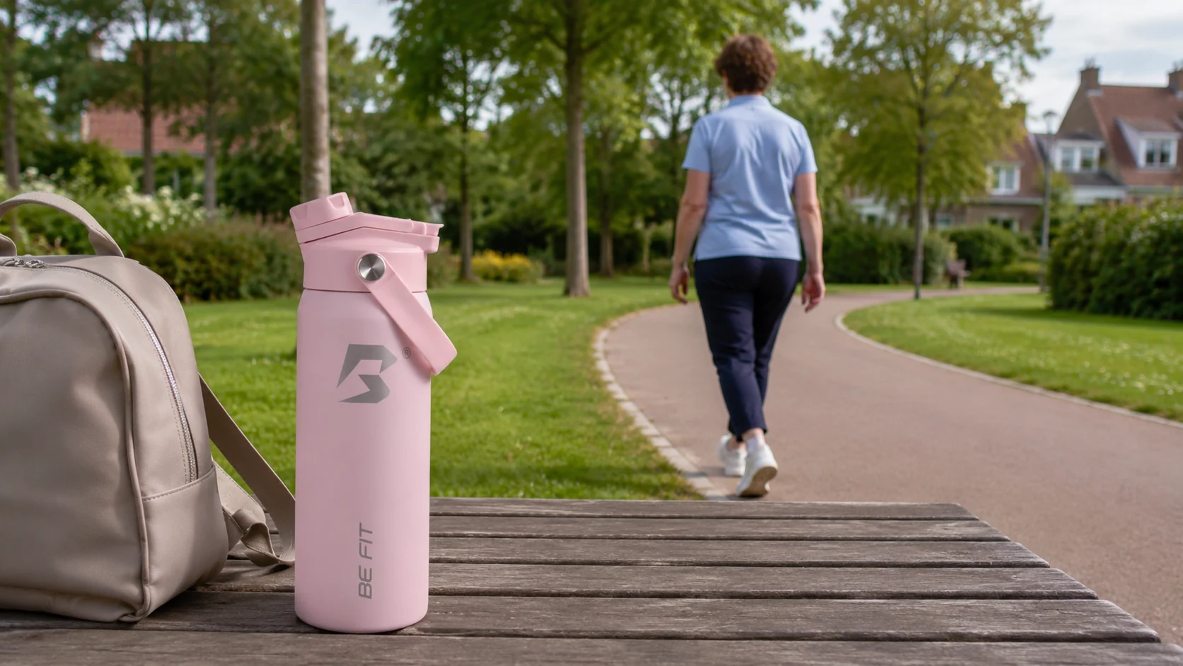 Beginnende wandelaar die ontspannen een korte wandeling maakt in een Nederlands park.