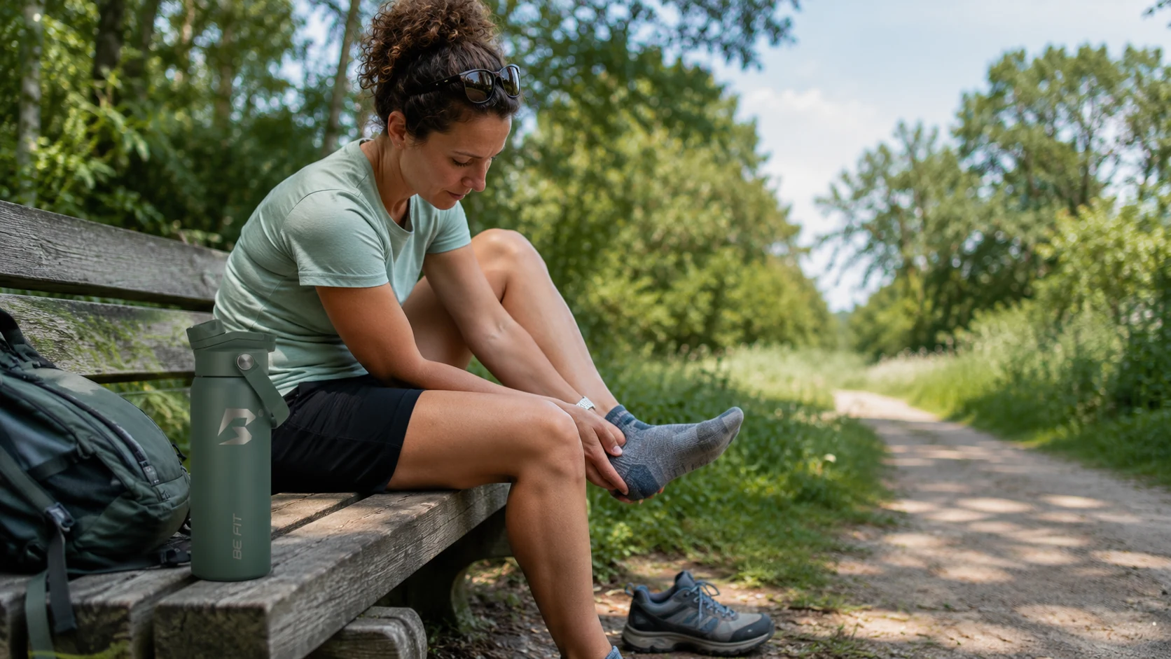 Wandelaar die tijdens een pauze schoenen en sokken controleert om blaren tijdens het wandelen te voorkomen.