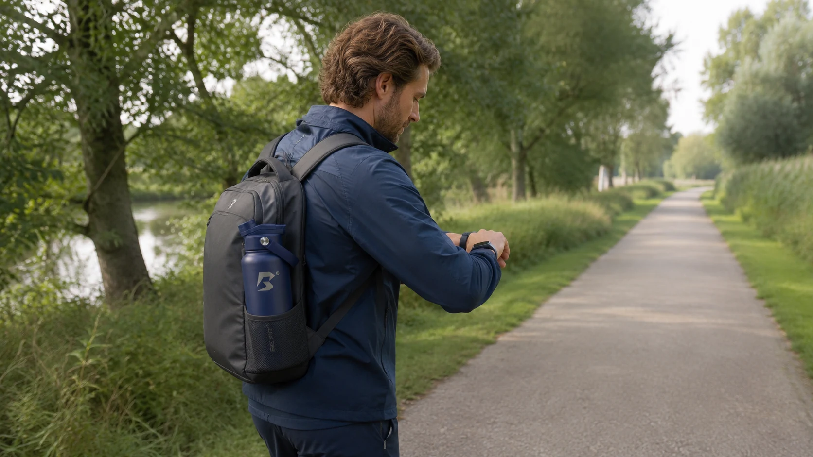 Wandelaar op een Nederlands pad die tijdens het lopen het tempo op een sporthorloge controleert.