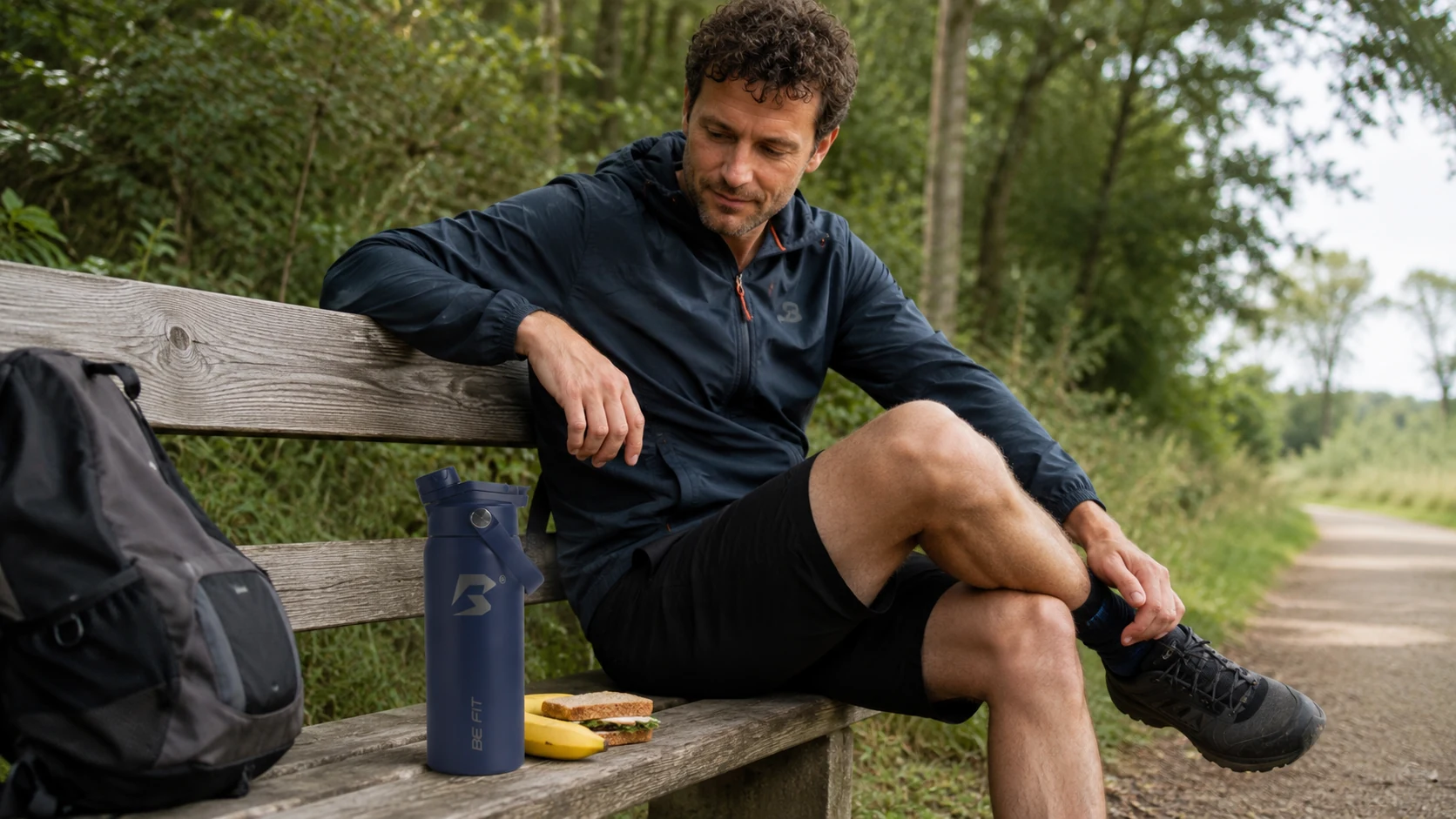 Wandelaar die na een lange tocht op een bank zit met eten en een BE FIT SWIGGER naast de rugzak.